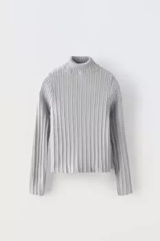 Свитер с вороткой в ребруску ZARA, серый мергель