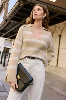 Свитер с воротником и полосатым узором Friends Like These, бежевый