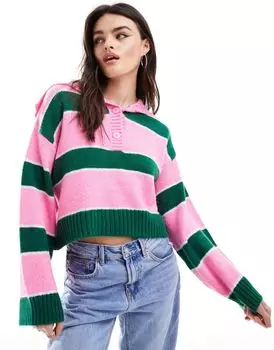 Свитер с воротником на пуговицах ASOS DESIGN в розово-зеленую полоску