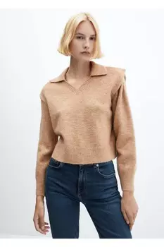 Свитер с воротником-поло и мягкими плечами Mango, коричневый