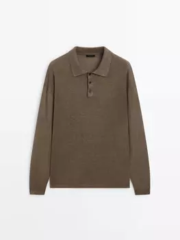 Свитер с воротником-поло из 100% льна Massimo Dutti, бежевый
