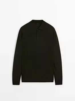 Свитер с воротником-поло из 100% мериносовой шерсти Massimo Dutti, хаки