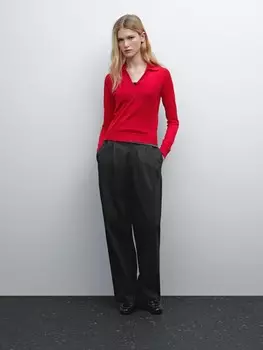 Свитер с воротником-поло из 100% шерсти и пуговицами Massimo Dutti, красный