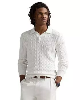 Свитер с воротником-поло из хлопка с косичной вязкой Polo Ralph Lauren, белый