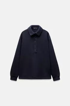 Свитер с воротником-поло ZARA, темно-синий