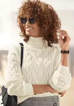 Свитер с воротником-стойкой буйволовой вязки косой вязки Buffalo, кремовый