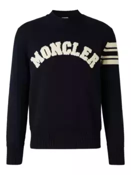 Свитер с вышитым логотипом и полосатыми рукавами MONCLER, синий
