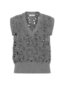 Свитер с вышивкой Dazzling Flowers из технической шерсти из натуральной шерсти Brunello Cucinelli, серый