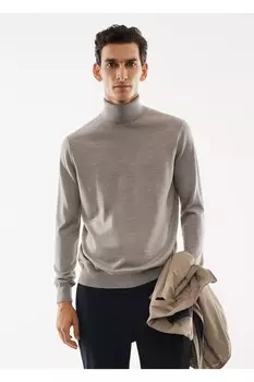 Свитер с высоким воротником из 100% шерсти мериноса Mango, бежевый