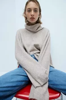 Свитер с высоким воротником оверсайз H&M, бежевый