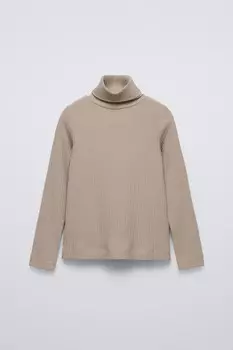 Свитер с высоким воротом в рубчик ZARA, светло-бежевый