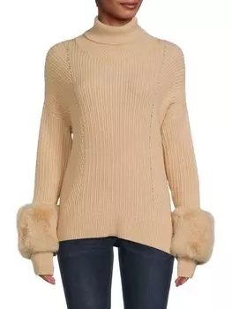 Свитер с заниженной линией плеч с отделкой из искусственного меха Saks Fifth Avenue Almond