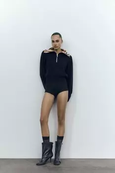 Свитер с жаккардовым воротником и животным принтом ZARA, черный