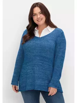 Свитер Sheego с V-образным вырезом "Большие размеры" из ленточной пряжи, с закатанными рукавами, цвет Blaubeere Meliert