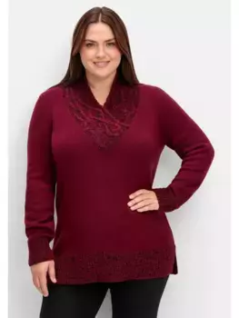 Свитер Sheego с V-образным вырезом "Большие размеры" и деталями букле, цвет Weinrot Meliert