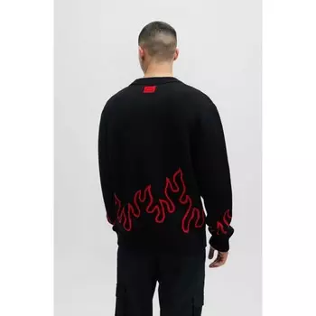 Свитер свободного кроя с пламенным жаккардом из смесовой шерсти Hugo, черный