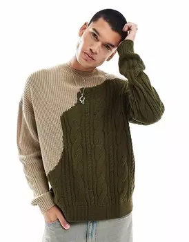 Свитер свободной вязки свободного кроя цвета хаки и экрю ASOS DESIGN
