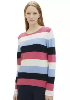 Свитер TOM TAILOR с круглым вырезом и тонкой структурой, цвет Pink Multicolor Stripe
