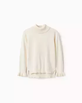 Свитер тонкой вязки для девочки с высоким воротником и рюшами на манжетах Zippy, белый