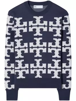 Свитер Tory Burch из мериносовой шерсти, связанный интарсией, синий