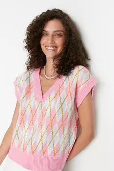 Свитер Trendyol с V-образным вырезом, розовый