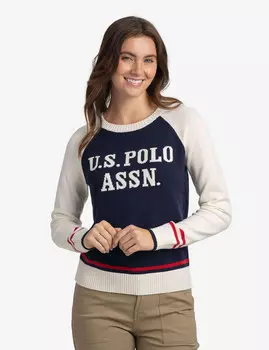 Свитер U.S. Polo Assn. Raglan Sleeve Baseball Crew Neck, белый/темно-синий