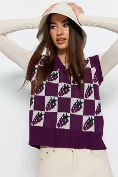 Свитер укороченный Trendyol с V-образным вырезом, пурпурный