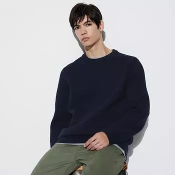Свитер Uniqlo мужской в рубчик с круглым вырезом, темно-синий