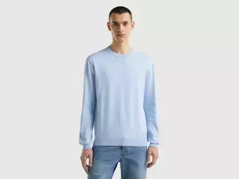Свитер United Colors of Benetton с круглым вырезом и фирменной этикеткой, голубой