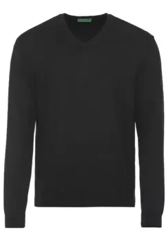 Свитер United Colors of Benetton с V-образным вырезом и фирменной этикеткой, черный