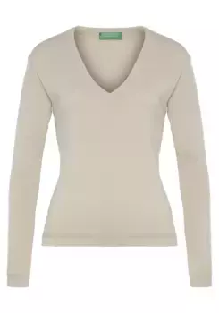 Свитер United Colors of Benetton с V-образным вырезом: неподвластный времени образ и универсальное применение, бежевый