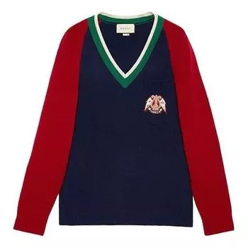 Свитер v-neck wool sweater with lyre 'blue' Gucci, синий