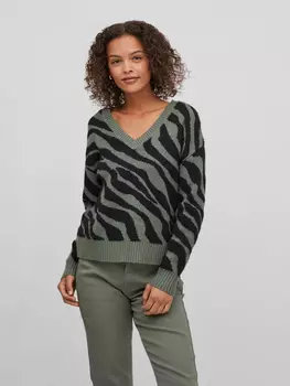 Свитер Vila Kuscheliger Strick Jacquard Zebra Animal Muster VIRIL FEAMI, зеленый
