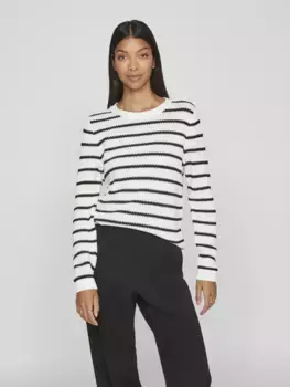 Свитер Vila с круглым вырезом "VIDALO O-NECK L/S STRIPE KNIT TOP- NOOS", цвет White Alyssum Stripes:Black