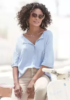 Свитер Vivance с короткими рукавами, планкой на пуговицах, можно носить с обеих сторон, длина свитера 3/4, качественная вязка, голубой