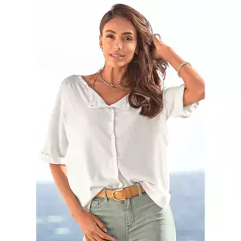 Свитер Vivance с короткими рукавами, планкой на пуговицах, можно носить с обеих сторон, длина свитера 3/4, качественная вязка, белый