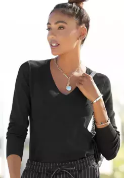 Свитер Vivance с V-образным вырезом, приталенного кроя, свитер мягкой вязки, базовый, классический, черный