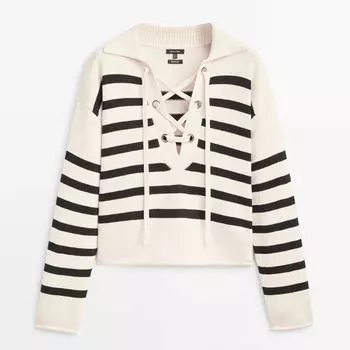 Свитер в полоску со шнуровкой Massimo Dutti, бело-черный