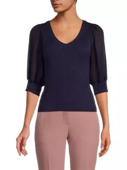 Свитер в рубчик с пышными рукавами Design 365, темно-синий