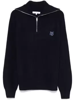 Свитер в рубчик с ярким принтом «Голова лисы» Maison Kitsun, синий