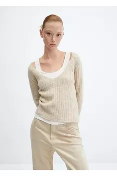 Свитер в рубчик с V-образным вырезом Mango, серый