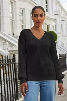 Свитер в рубчик с V-образным вырезом Next, черный