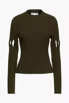 Свитер в рубчик с вырезом из смесовой шерсти VICTORIA BECKHAM, зеленый