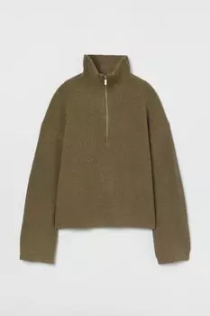 Свитер в рубчик с застежкой-молнией сверху H&amp;M, хаки зеленый