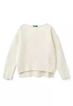 Свитер WITH CABLE PATTERN AND SWAROVSKY LOGO United Colors of Benetton, белый