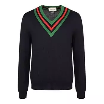 Свитер wool web v-neck sweater 'blue' Gucci, синий