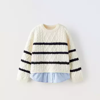Свитер Zara Contrast Striped, экрю/темно-синий