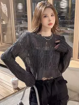 Свитер женский DAZY, длинный рукав, вырез, темно-серый