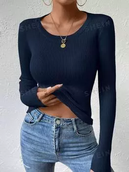 Свитер женский Shein Essnce с круглым вырезом и длинными рукавами, темно-синий