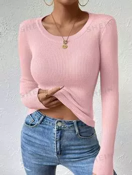 Свитер женский Shein Essnce с круглым вырезом и длинными рукавами, розовый